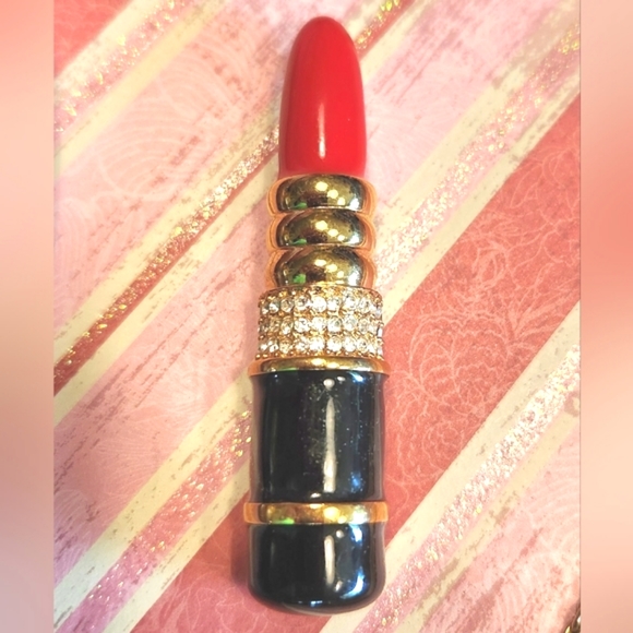 Vtg KENNETH J LANE Glossy RED "KJL" Lipstick Pin Gold Enamel Rhinestones Brooch - Picture 2 of 12